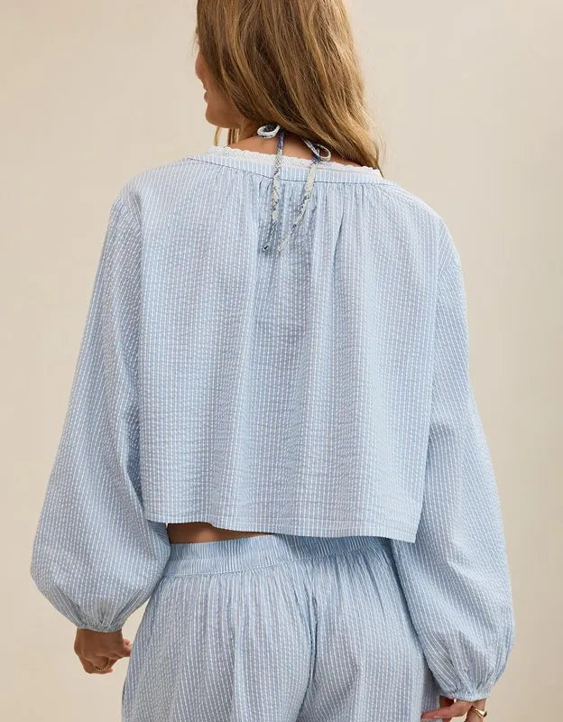 OVERSLEPT by Aerie Seersucker Long Sleeve Volume Tie Top