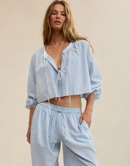 OVERSLEPT by Aerie Seersucker Long Sleeve Volume Tie Top