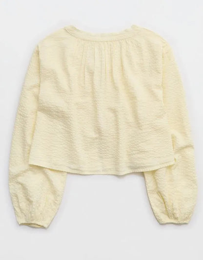OVERSLEPT by Aerie Seersucker Long Sleeve Volume Tie Top