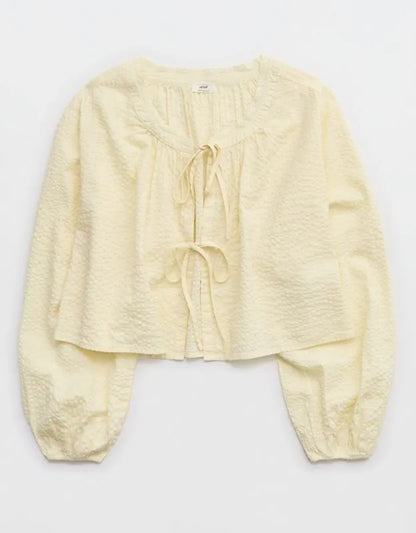 OVERSLEPT by Aerie Seersucker Long Sleeve Volume Tie Top