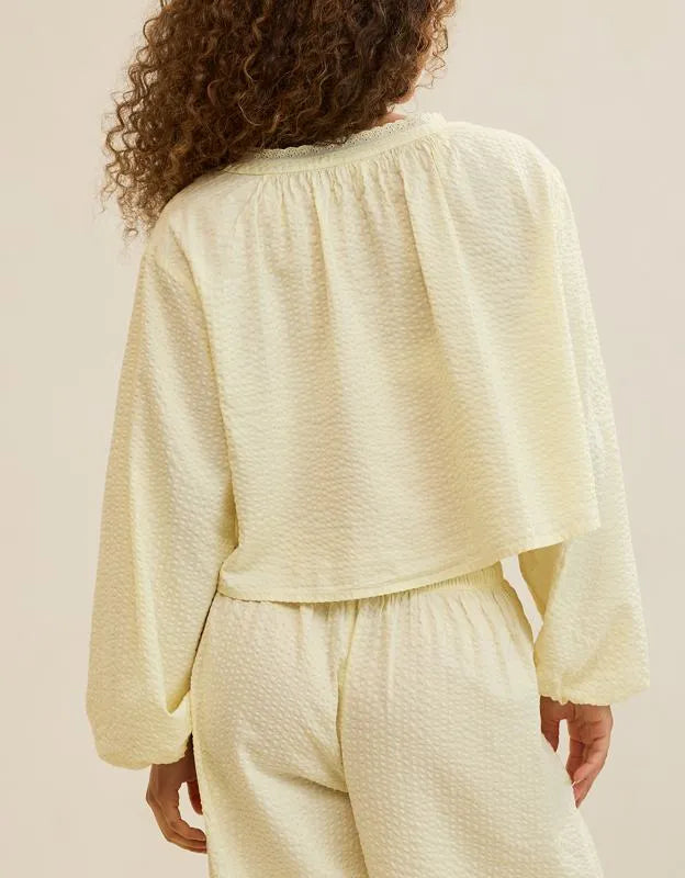 OVERSLEPT by Aerie Seersucker Long Sleeve Volume Tie Top