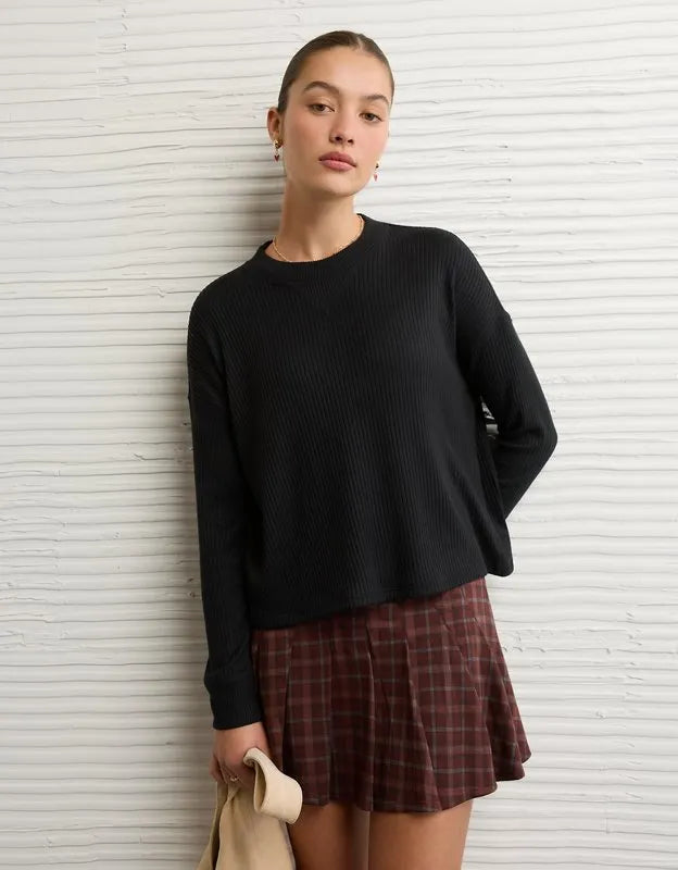 AE Long-Sleeve Waffle Plush Crew Neck Tee