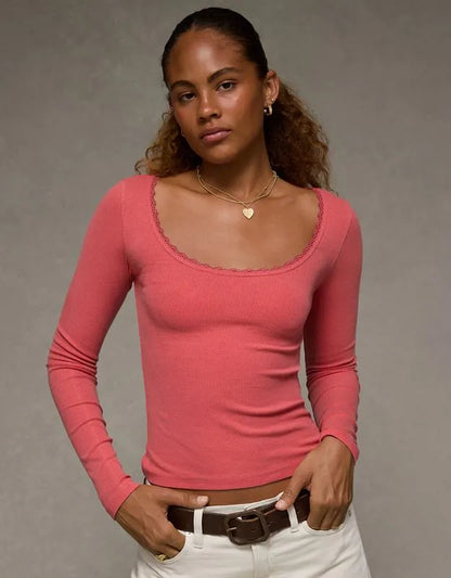 AE Lace-Trim Long Sleeve T-Shirt