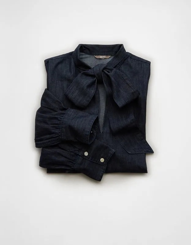 AE77 Premium Denim Bow Blouse