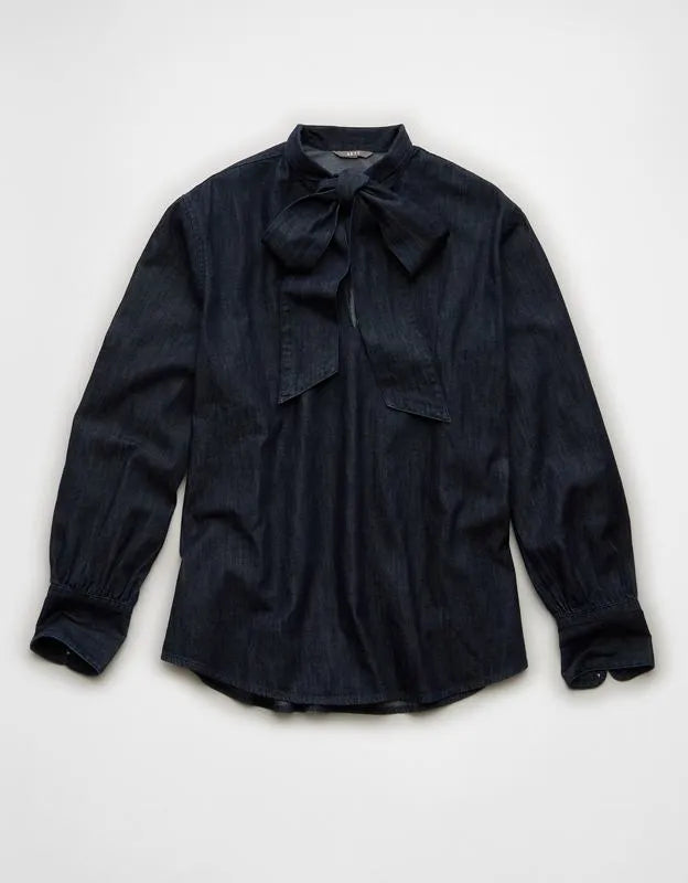 AE77 Premium Denim Bow Blouse