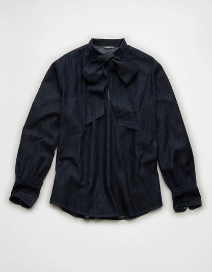 AE77 Premium Denim Bow Blouse