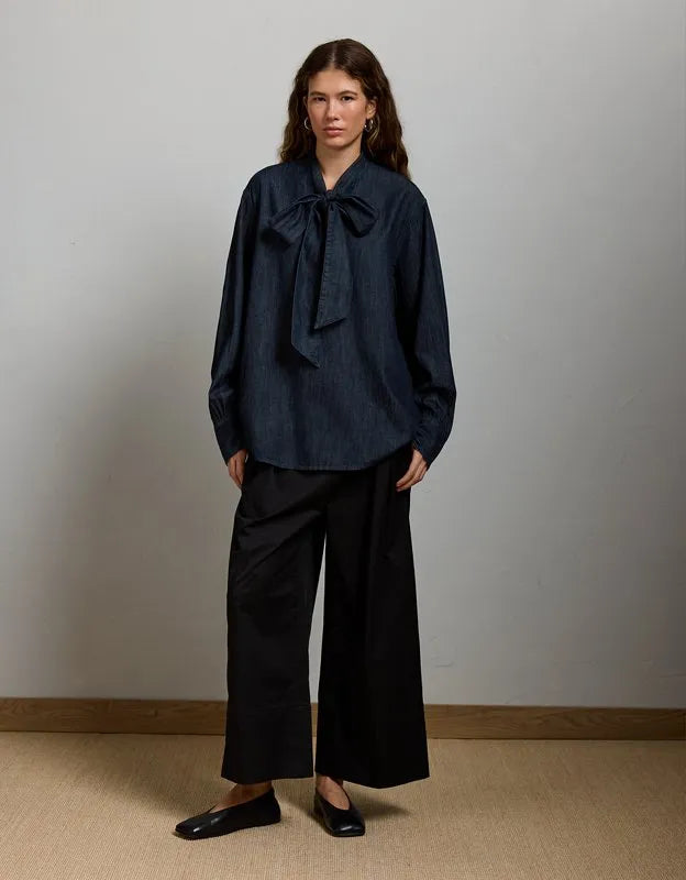 AE77 Premium Denim Bow Blouse