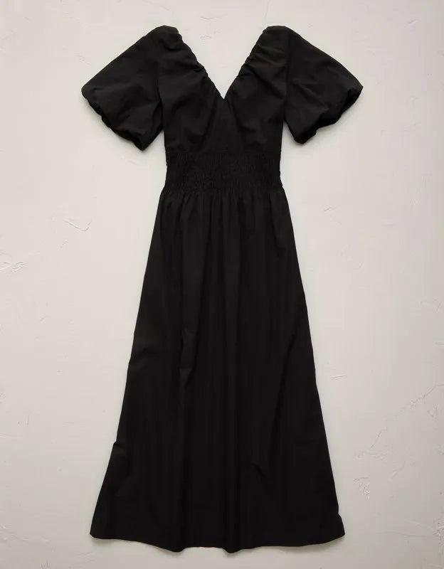 AE77 Premium Puff Sleeve Midi Poplin Dress