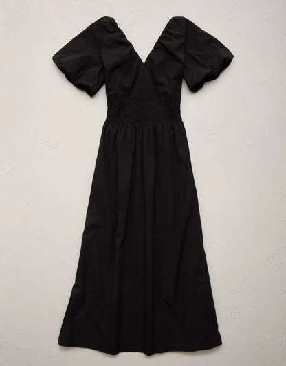 AE77 Premium Puff Sleeve Midi Poplin Dress