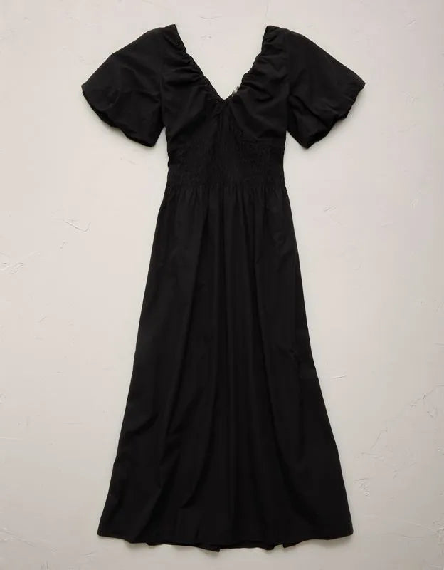 AE77 Premium Puff Sleeve Midi Poplin Dress