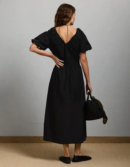AE77 Premium Puff Sleeve Midi Poplin Dress