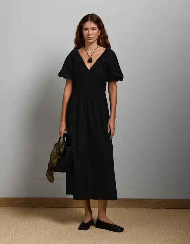 AE77 Premium Puff Sleeve Midi Poplin Dress