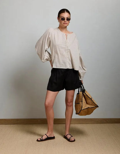 AE77 Balloon-Sleeve Button-Up Shirt