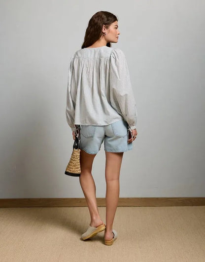 AE77 Balloon-Sleeve Button-Up Shirt