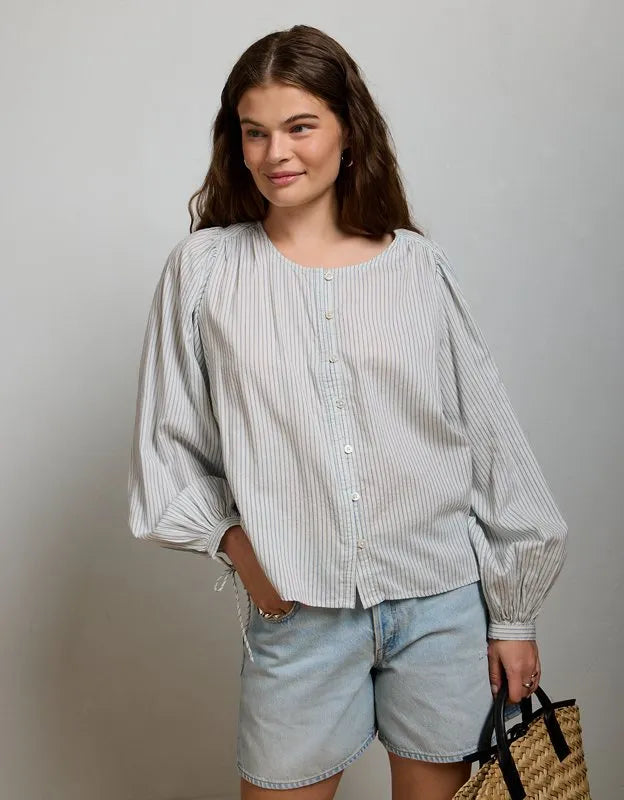 AE77 Balloon-Sleeve Button-Up Shirt