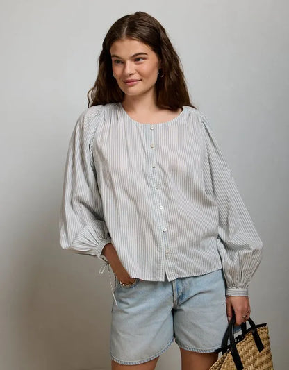 AE77 Balloon-Sleeve Button-Up Shirt