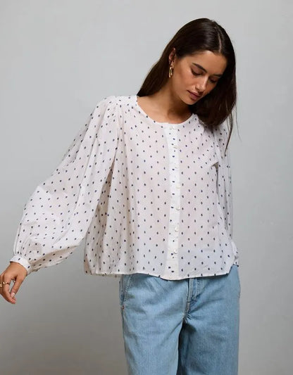 AE77 Embroidered Balloon-Sleeve Button-Up Shirt