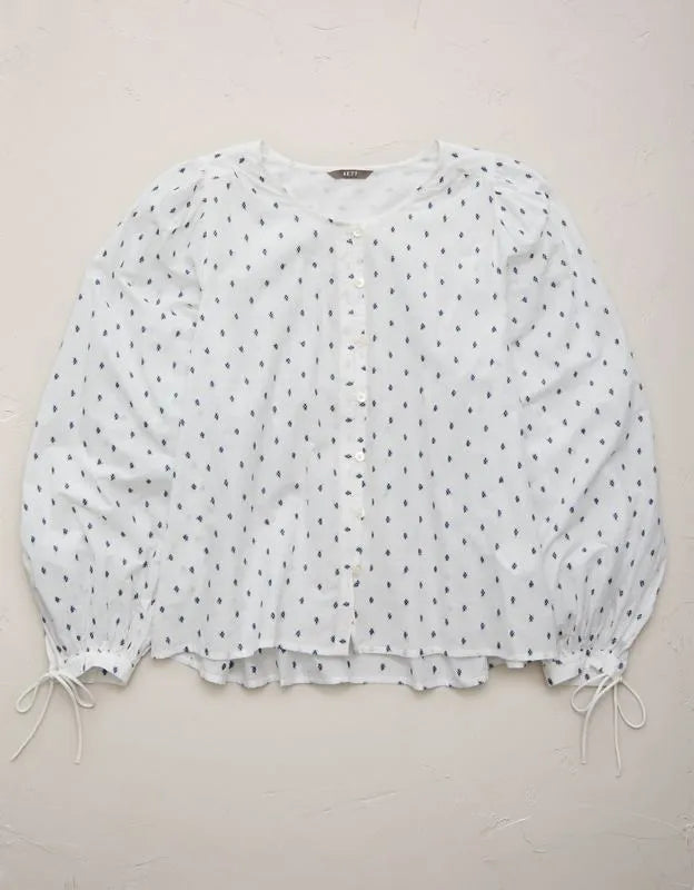 AE77 Embroidered Balloon-Sleeve Button-Up Shirt