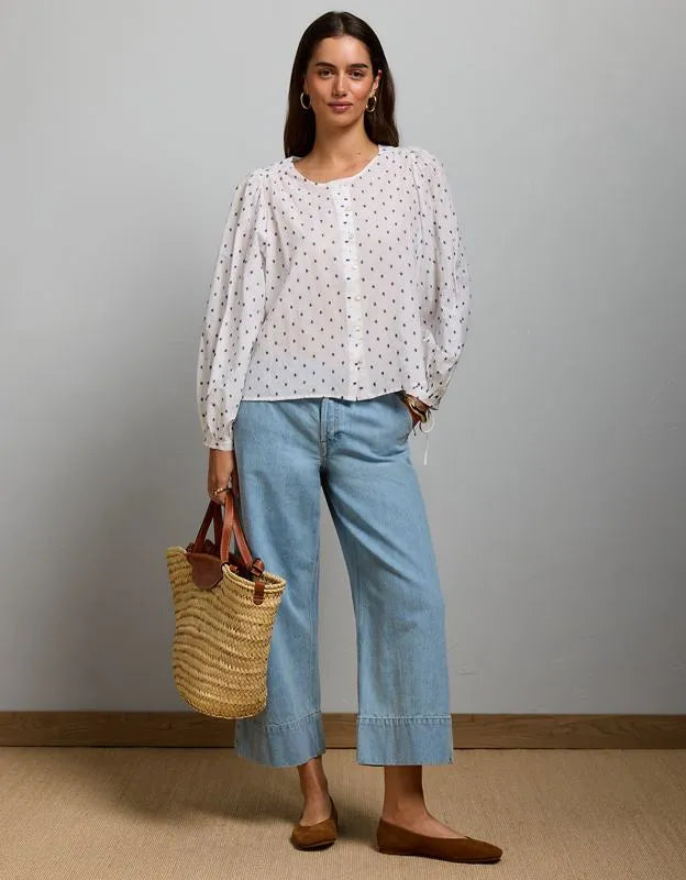 AE77 Embroidered Balloon-Sleeve Button-Up Shirt