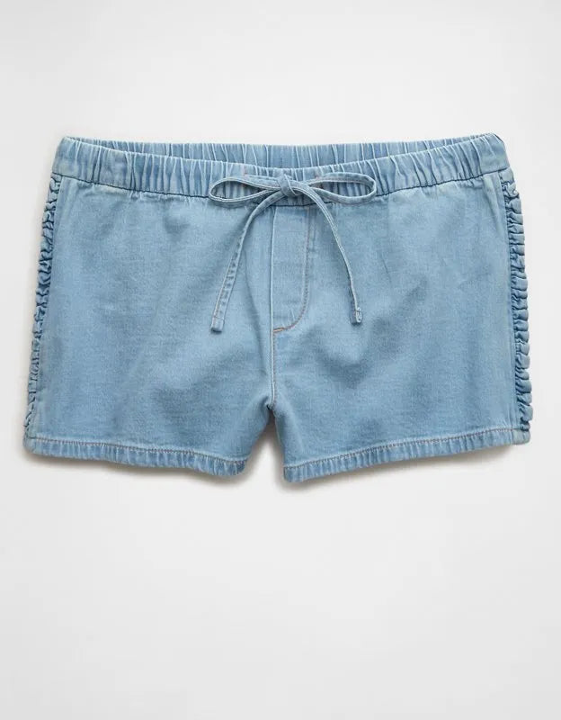 AE Stretch Low-Rise Ruffle Trim Chambray Short