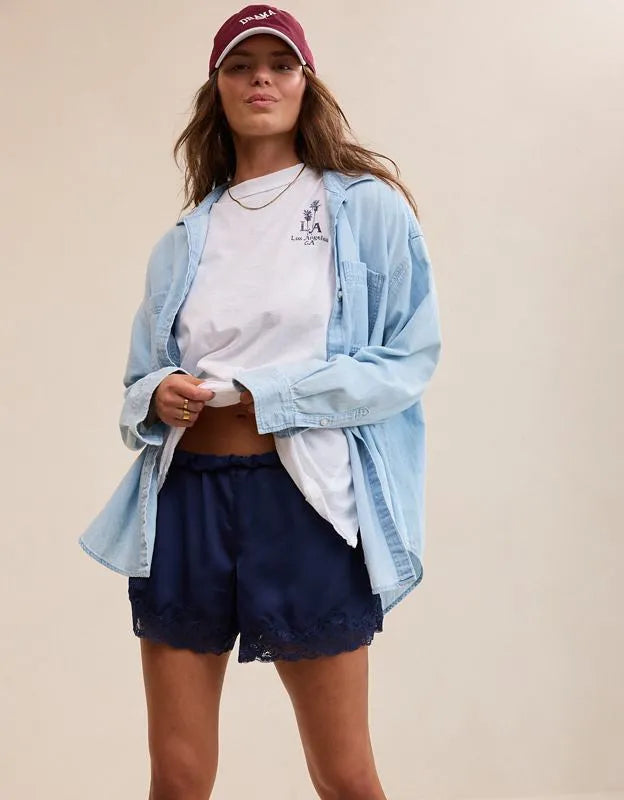 OVERSLEPT by Aerie Liquid Satin Lace Trim Short
