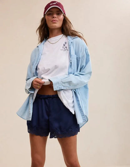 OVERSLEPT by Aerie Liquid Satin Lace Trim Short