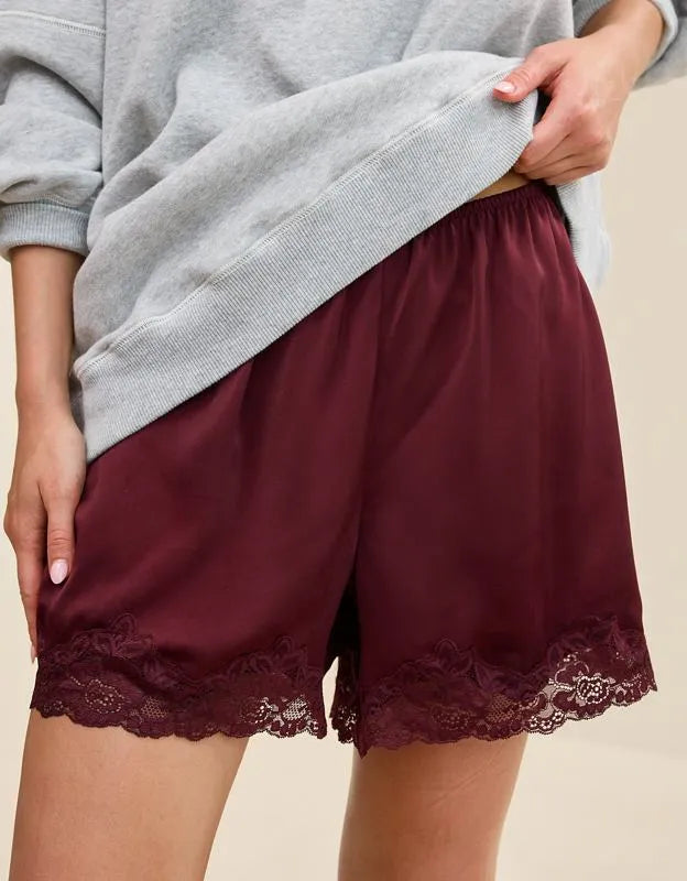 OVERSLEPT by Aerie Liquid Satin Lace Trim Short